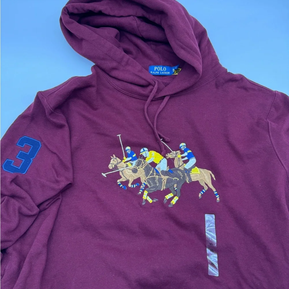 Polo‎ Ralph Lauren Maroon Hoodie with Embroidered 3 Pony Graphic, Size XL